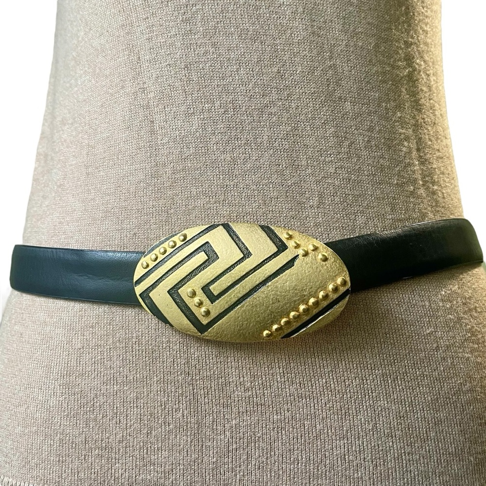 Black Leather Statement Belt Matte Gold Round Buckle Artsy Maximalist Size S/M